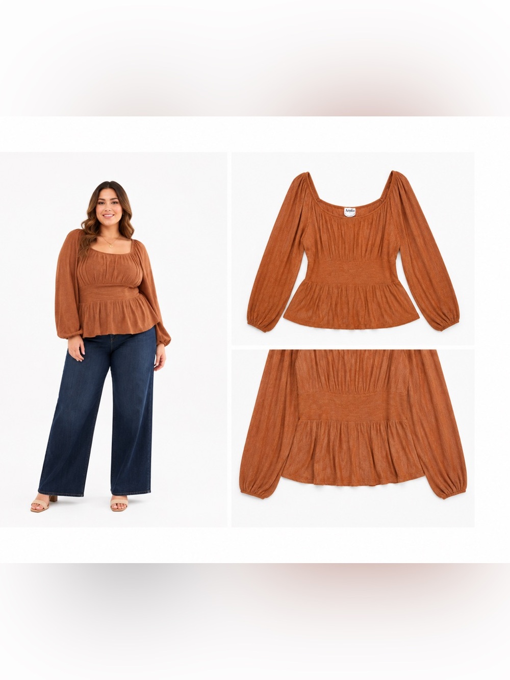 Arula Rust Ribbed Square Neck Peplum Balloon Sleeve Top B 2X